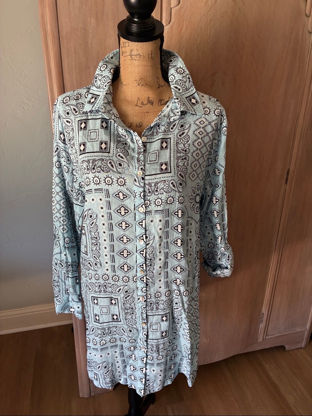 Rachel Zoe linen blend blue bandana print scarf print shirtdress large